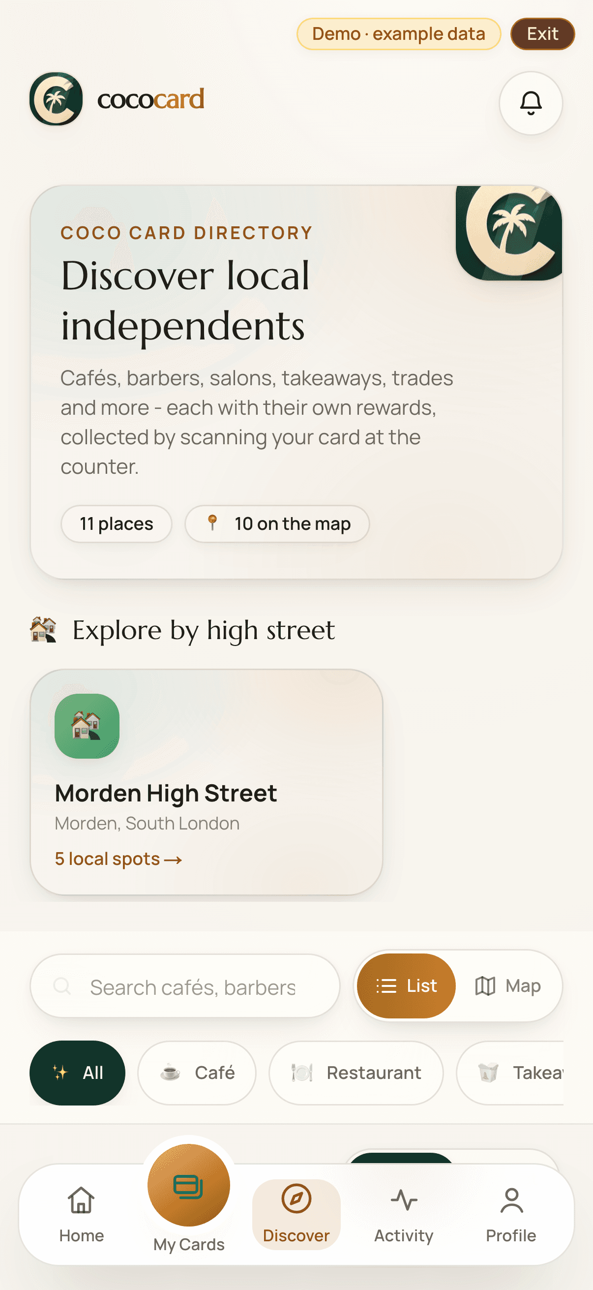 Coco Regulars Discover directory, with a search box, list and map views and category filters for cafés, takeaways and bakeries