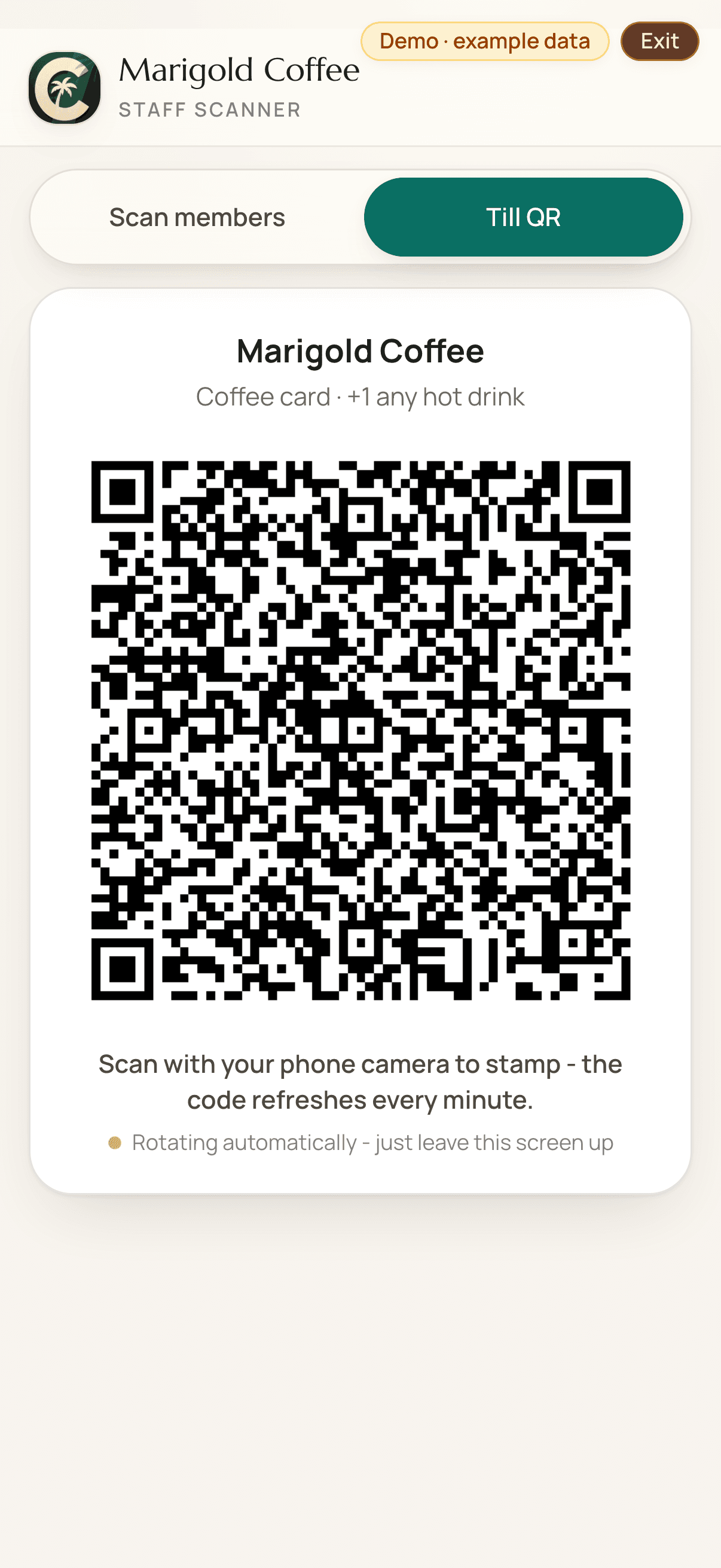 Coco Regulars till screen showing the rotating QR customers scan to stamp themselves